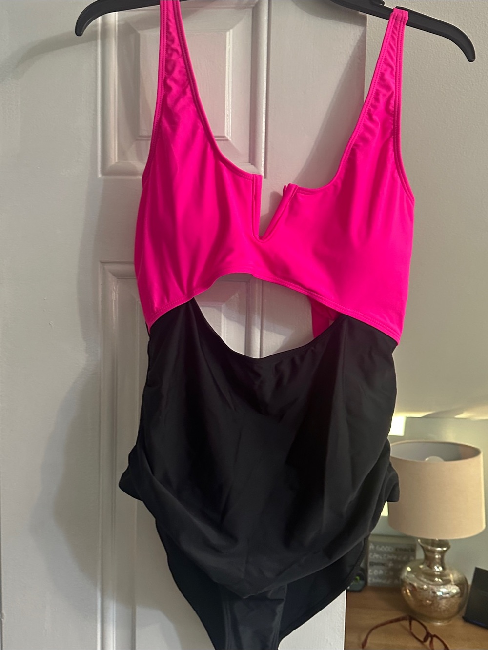 Cupshe Hot Pink and Black Cutout One-Piece Swimsuit